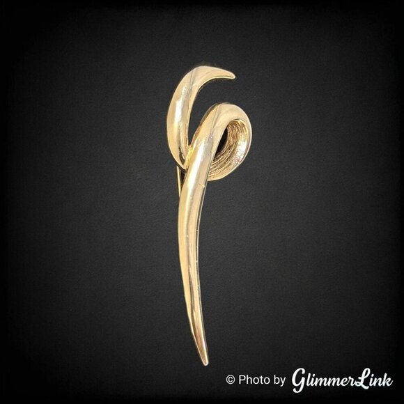 Vintage Modernist Long Polished Swirl Squiggle Gold Tone Brooch - Picture 5 of 9
